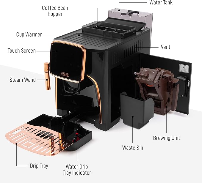 Zulay Kitchen Magia Clasica Automatic Espresso Machine with Built-In Grinder, Touch Panel Coffee Maker, Steam Wand Milk Frother, Adjustable Strength, Self-Cleaning, Black & Copper