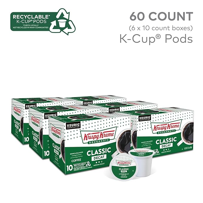 Krispy Kreme Classic Decaf Keurig Single-Serve K-Cup Pods, Light Roast Coffee, 60 Count (6 Packs of 10)