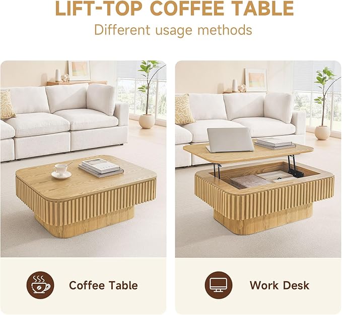 SZTHHDF Lift Top Coffee Table for Living Room,Rectangle Handmade Solid Wood Strips, Fluted Coffee Table with Hidden Storage Compartment Small Space Office Apartment (38.6" L×26.8''W×13.8''H-Natural)