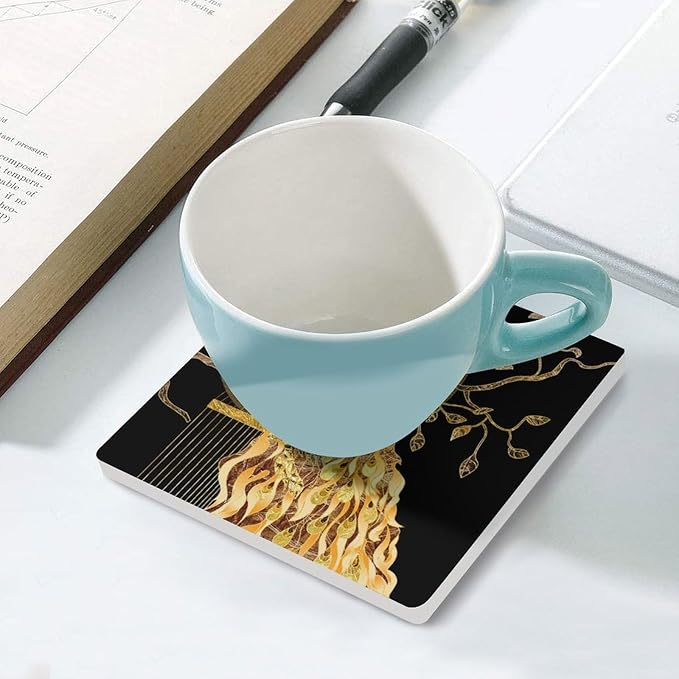 Square-6PCS Peacock Ceramic Coasters, Square Absorbent Drink Coasters, Vintage Tree Branch Beautiful Gold Peacock Ceramic Table Coasters for Coffee, Beverage, Wine, Beer Coasters
