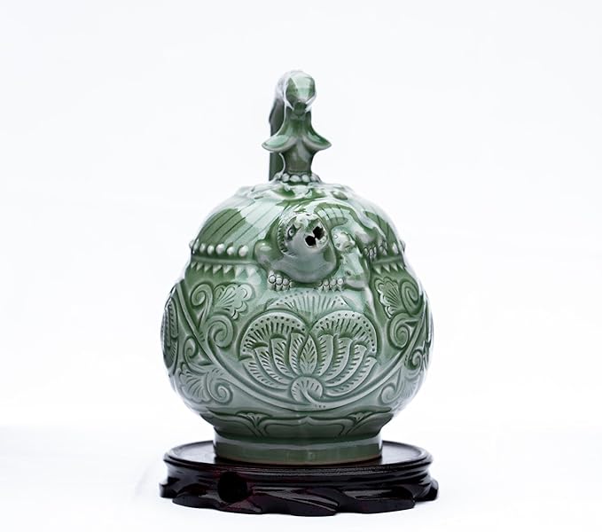 Celadon Inverted Flow Teapot - Handcrafted Chinese Traditional Ceramic Tea Pot with Intricate Carvings, Collectible Art Piece & Functional Teaware