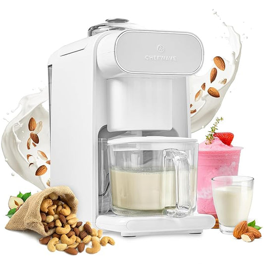 ChefWave Milkmade Soy Milk Maker (Silver/White) 6-in-1 Vegan Plant-Based Milk Machine with Auto Clean, and Delay Start, Almond, Oat, Soy, Cashew, Coconut, Macadamia Milk Maker with Nut Platter