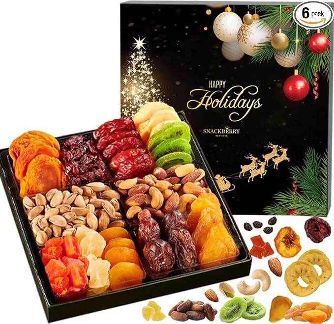 6-Pack Christmas Dried Fruit & Nuts Gift Basket Arrangement Platter, Gourmet Food Snack Box, Healthy Kosher (Style 2)
