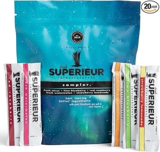 Superieur Electrolyte Powder Packets - Vegan Electrolyte Hydration Powder w/Sea Minerals - Keto Friendly, Non-GMO, Zero Sugar Electrolyte Supplement-Healthy Sports Drink -Sampler Pack (20 Packets)