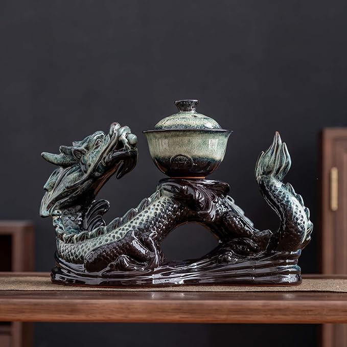 Ceramic Teapot with Infuser Semi Automatic Tea Set Magic Teapot with 8 cups Gradient Color (Gradient Dragon- A)