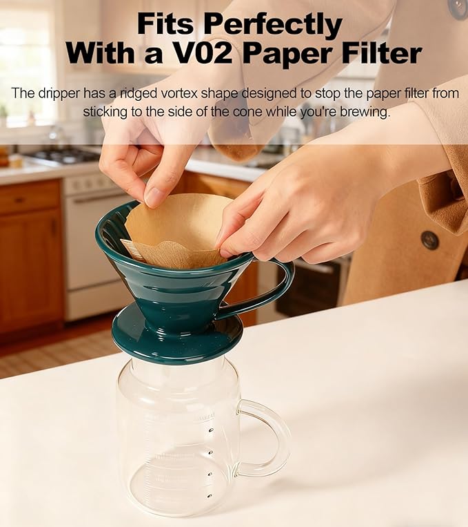 Pour Over Coffee Dripper - Ceramic Pour Over Coffee Maker Cone, Porcelain Coffee Drip, Pour Over Single Cup, Manual Brew Maker for Home, Cafe, Office - 1-4Cup, V60 Size 02 (Dark green)