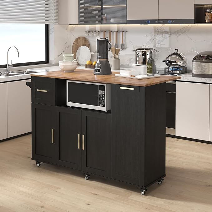 59 inch Large Mobile Kitchen Island Cart with Drop Leaf,Island Cart with 2 Cabinets,Drawer,Extra Counter Space&Trash Bin Storage,Rolling Portable Prep Table for Kitchen,Black