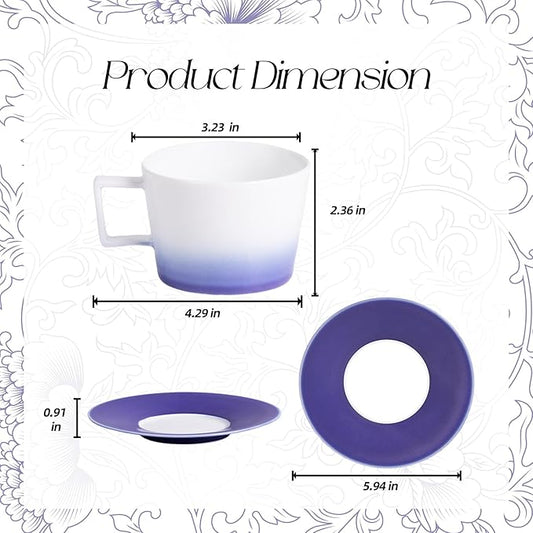 KAMMAK Ceramic Coffee Cups and Saucers Set of 2, Porcelain Espresso Cups with Saucers, 7 oz Handcrafted Ceramic Coffee and Tea Cup, Gradient Purple Drinkware for Tea Party, Office, Women Gifts