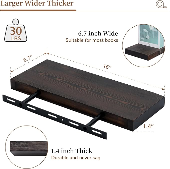 Marsmiles Wood Floating Shelves | Rustic Dark Wood Wall Shelves Set of 2 | 16" W x 6.7" D Wooden Floating Shelves for Bathroom Kitchen Living Room Bedroom