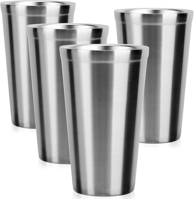 Beasea Stainless Steel Cups 16 oz, 4 Pack Stainless Steel Tumbler Stackable Double Wall Vacuum Insulated Metal Drinking Glasses for Home Restaurant Ofiice Party Camping