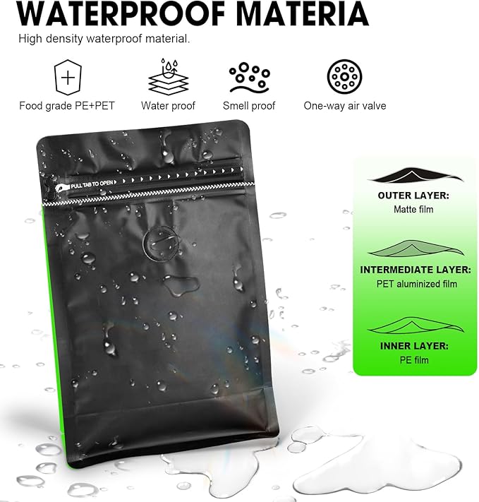 Coffee Bags with Valve(60pcs,16oz,1lb) Vented Coffee Beans Packaging Bags High Barrier Aluminumed Foil Flat Bottom Heat Sealed Side Zipper Resealable Storage Bag for Home or Business（Black+Green）
