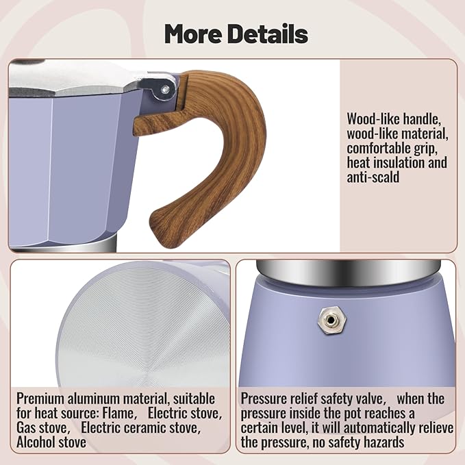 Vaolvpant 3 Cup Aluminum Moka Pot Purple Classic Stovetop Espresso Coffee Maker 150ml 5oz Coffeemaker Percolator Mocha Pot Greca Coffee Maker Cafe Makers for Italian and Cuban Café Brewing Purple