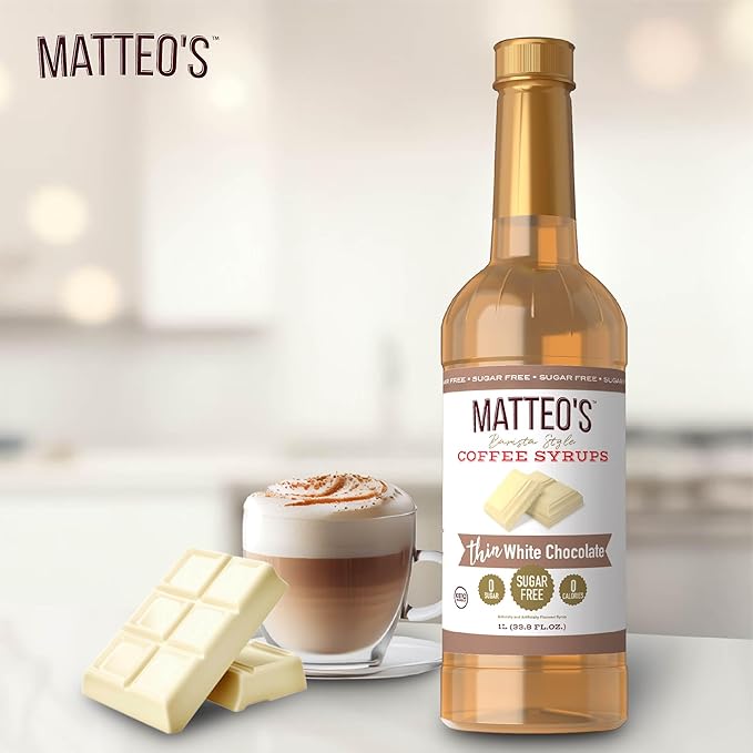 Matteo's White Chocolate Syrup for Coffee, Lattes, Cappuccinos & Desserts – Sugar-Free Sweetener for Beverages, Keto Friendly, Zero Calories, Indulgent Flavor, Non-Alcoholic, 33.8oz (6pk)