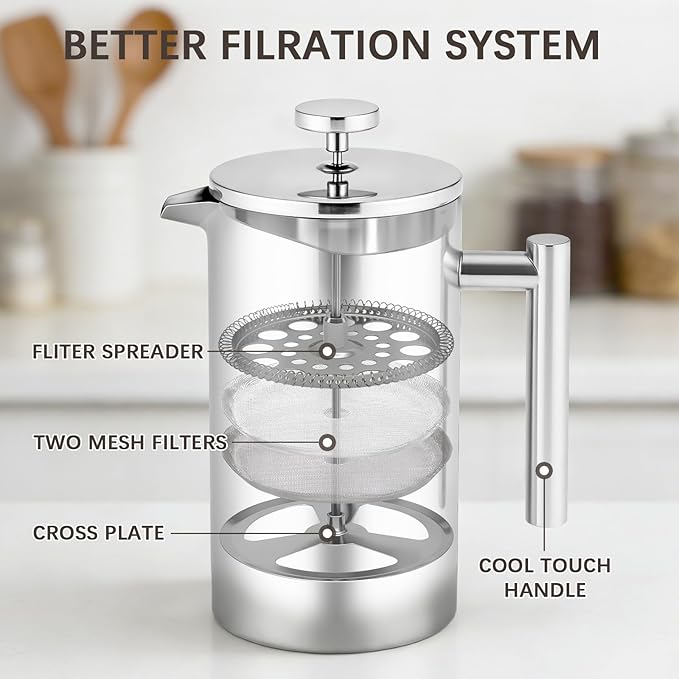 CAOANTRY French Press Coffee Maker, 304 Grade Stainless Steel French Press with 2 Extra Filters for Home, Office, Travel, Camping - 34OZ/1 Litre (Sliver)