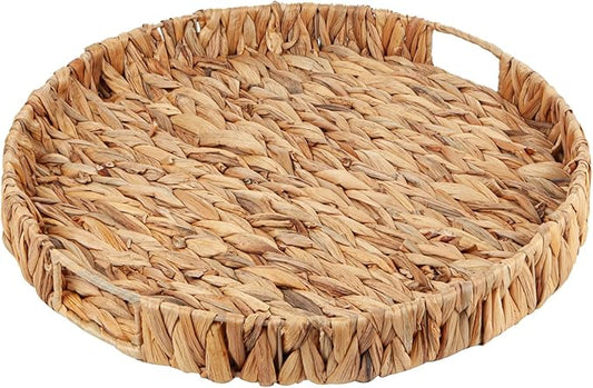 Round Ottoman Tray Large Wicker Serving Tray with Handles for Coffee Table, 16 Inch Handwoven Natural Water Hyacinth Tray