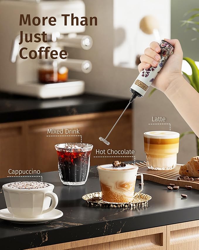 INFOOD Milk Frother Rechargeable with Cover - Coffee Frother Wand, Drink Mixer Handheld with 2 Detachable Stainless Whisks 2 Speed Adjustable for Latte, Cappuccino, Hot Chocolate, Egg, White Floral