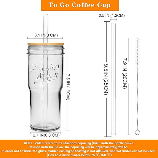 ANOTION Glass Cups with Lids and Straws, 24 oz Travel Coffee Mug Wide Mouth Mason Jar Iced Coffee Cup Smoothie Cup Glass Tumbler Tea Cup Clear Cups Cute Water Cups Drinking Glasses 3 Packs