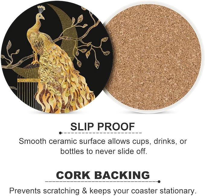 Round-6PCS Peacock Ceramic Coasters, Round Absorbent Drink Coasters, Vintage Tree Branch Beautiful Gold Peacock Ceramic Table Coasters for Coffee, Beverage, Wine, Beer Coasters