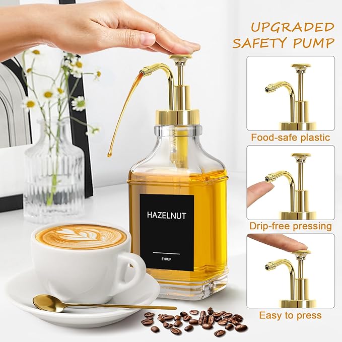 Coffee Bar Accessories, Coffee Syrup Dispenser 16.9 fl oz/500ml, Glass Syrup Dispenser with Gold Pump Dispenser, Labels, Spoons for Coffee Bar, 4 Pack