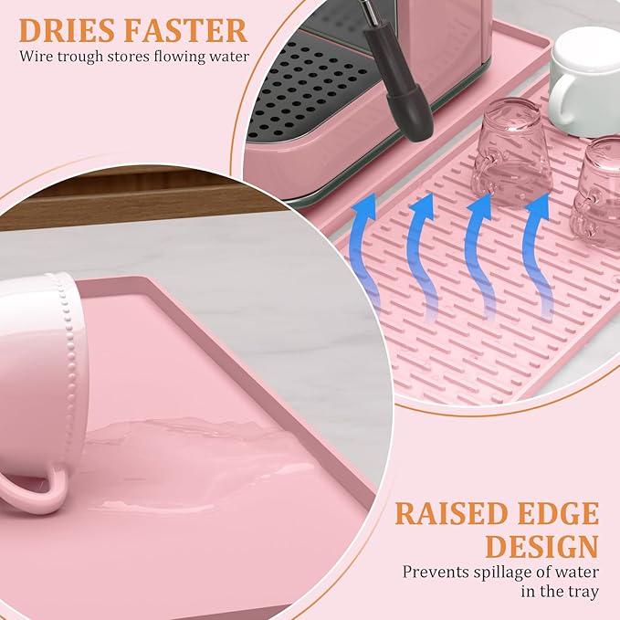 Silicone Coffee Mat Set - Includes Removable Drying Pad, Raised Edges for Non-Leak and Non-Slip, Suitable for Kitchen Coffee Machines and Countertop Protection, Bar Decor Pad (Pink, 24" x 16")
