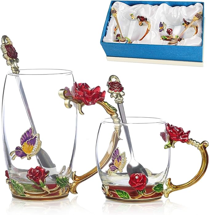 Glass Fancy Tea Cup Set Birthday Christmas Valentine's Day Gift Idea for Tea Lover and Women Novelty Coffee Mugs Rose Flower Enamel Glass Mug with Spoon