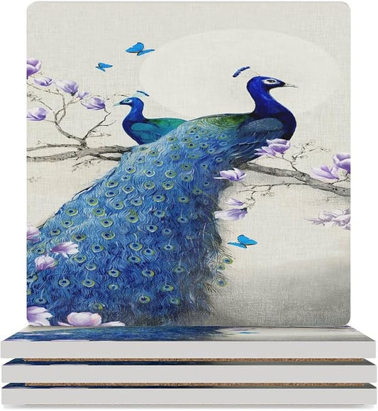 Square-4PCS Peacock Drink Coasters, Square Modern Ceramic Absorbent Coasters, Vintage Style Beautiful Blue Peacock Floral Decor Desk Coffee Table Coaster for Beverage Cup Tea Coasters