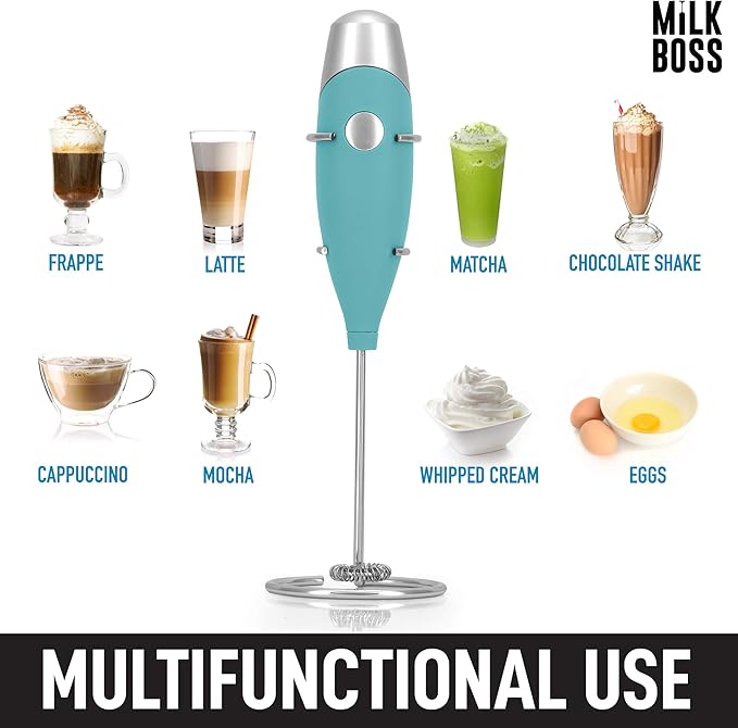 Milk Boss Matcha Whisk - Handheld Electric Stirrer - Frother Wand & Drink Mixer - Whisk for Green Tea - Durable Stainless Steel Blender - Smooth Teal Mighty