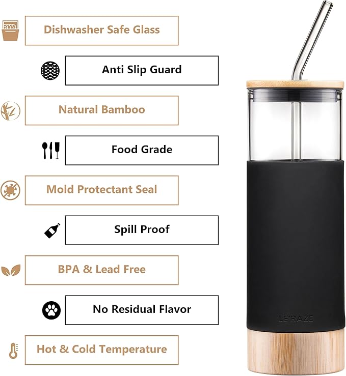 Le'raze Premium 20oz Glass Tumbler Cup Straw Bamboo Lid Base Protective Silicone Sleeve BPA Free Growler Water Bottle Reusable Drinking Glasses Cup for Iced Tea Coffee Smoothie Black