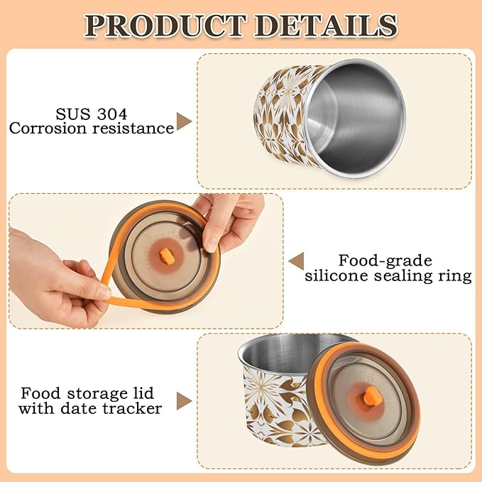 ALAZA Gold Geometric Flower Floral Airtight Coffee Bean Canister 500ml Food Storage Containers with Lids For Gournd, Tea, Sugar, Flour, Rice, Cereal, Candy Cookie Jar