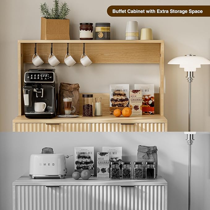 Coffee Bar Cabinet with Storage, Modern Sideboard with Drawers, Shelves, Outlet and Fluted-Door for Kitchen, Dinning Room, Living Room, Natural