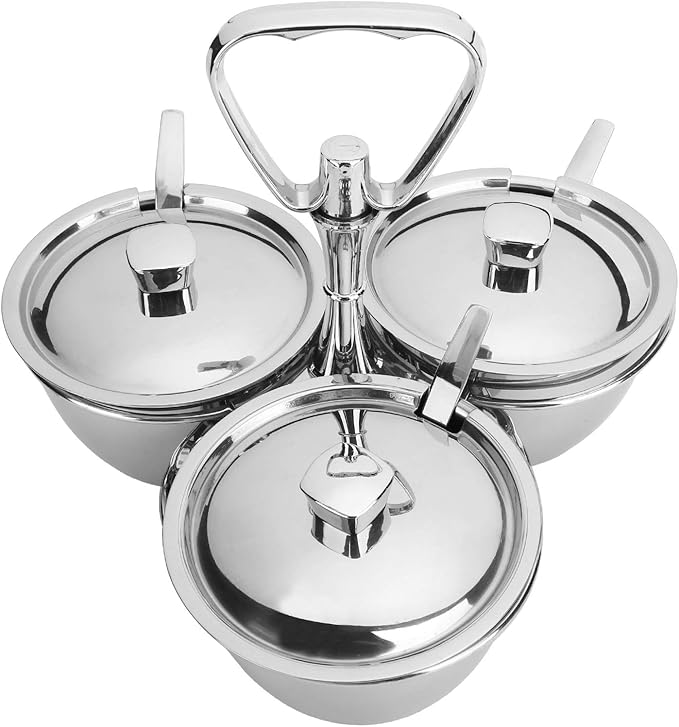 Stainless Steel Sugar Bowl, Seasoning Jar Container, Rotating Condiment Jar Rack Set with Cover for Kitchen Countertop Cabinet