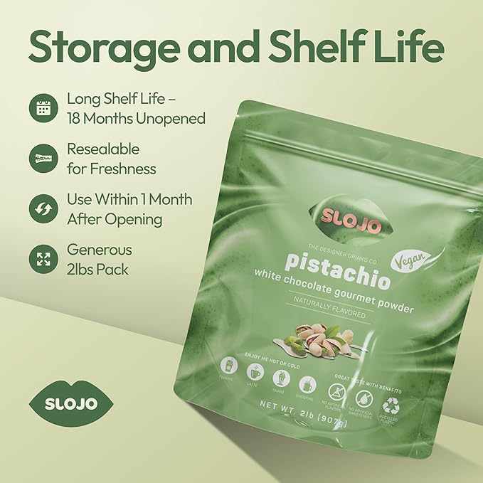 SLOJO Pistachio White Chocolate Powder - Premium Drink Mix for Hot & Cold Beverages, Gourmet Powder, Vegan, Drink Mix for Frozen or over Iced Frappes, Lattes, Iced Coffees, Milkshakes and Desserts, 2Lbs