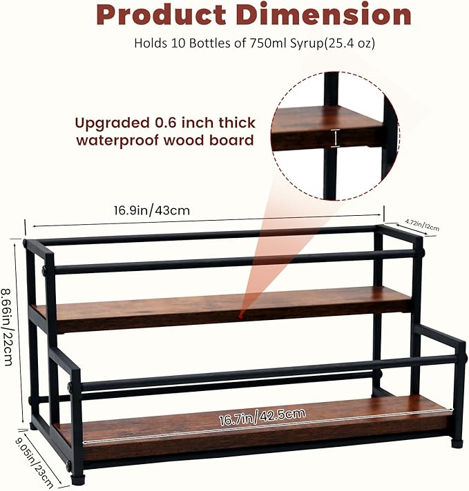 HRUSGO Coffee Syrup Rack Organizer - Metal Bottle Holder for 10 Bottles – Rustic Countertop Display Shelf for Coffee Bar, Kitchen Cabinet, Pantry Storage for Syrups, Liquor, Spice, Tea & Wine (2-Tier)