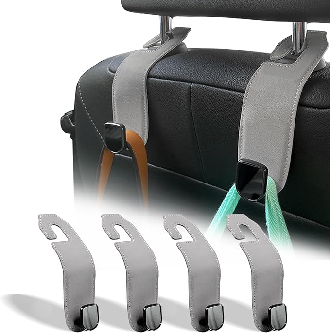 Car Seat Headrest Hook, 4 Pack Leather Car Purses and Bags Hooks Holder Hanger for Groceries Organization Accessories, Gray