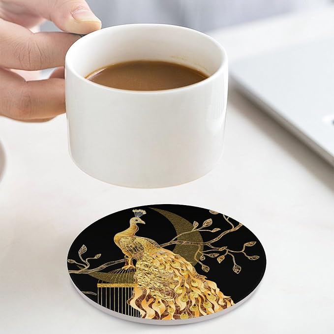 Round-4PCS Peacock Drink Coasters, Round Modern Ceramic Absorbent Coasters, Vintage Tree Branch Beautiful Gold Peacock Decor Desk Coffee Table Coaster for Beverage Cup Tea Coasters