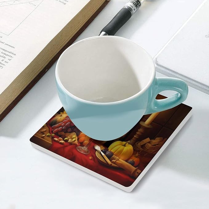6PCS Red Wine Drink Coasters, Square Modern Ceramic Absorbent Coasters, Retro Wood Style Red Wine Fruit Grapes Fruit Floral Sunflower Decor Desk Coffee Table Coaster for Beverage Cup Tea Coasters