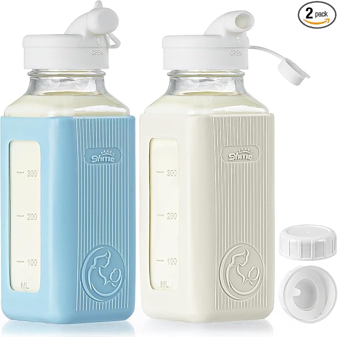 Syntic 2 Pack 16 Oz Glass Breastmilk Storage Bottle with Airtight Lids & 2 Pour Spouts, Milk Storage Containers for Fridge with Clear Scales - Day/Night Milk Collection Bottles with Protective Case