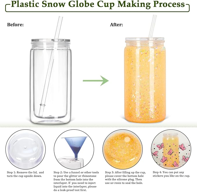 16 Oz Plastic Snow Globe Tumbler with Lid and Straw, 6 Pack Double Wall Pre Drilled Plastic Mason Jar Cups Can for Snow Globe Glitter DIY Gift(Clear)