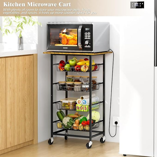 Kitchen Microwave Cart with Fruit Baskets, 5 Tier Microwave Table Stand with Fruit Vegetable Storage Small Rolling Cart on Wheels, Floor Organizers and Storage for Pantry Kitchen, Living Room