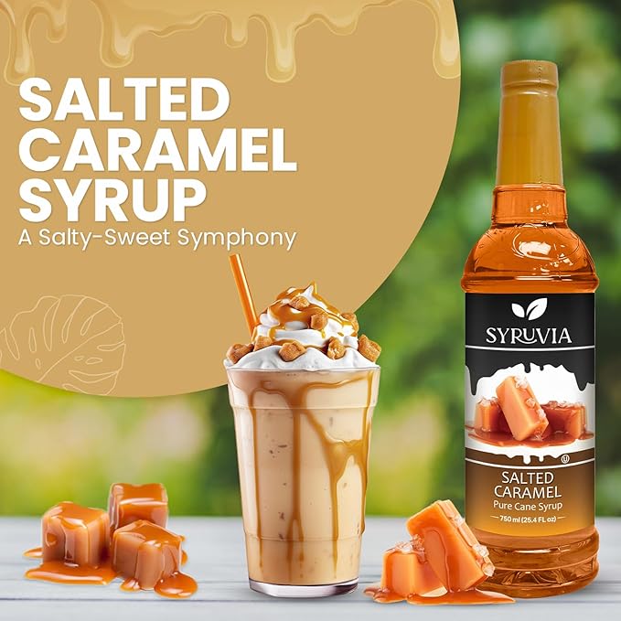 Syruvia 4 Pack Salted Caramel Syrup for Coffee – Sweet & Salty Salted Caramel Coffee Syrup, 25.4 fl oz, Kosher, Gluten Free, Perfect for Coffee Syrup Salted Caramel, Drinks, Desserts,