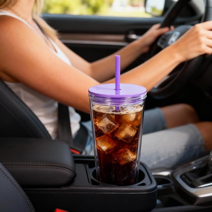 24oz Tumbler with Lid and Straw, Leak Proof and Double Wall Insulated Reusable Plastic Cups,Travel Reusable Iced Coffee Cup (2, Purple)
