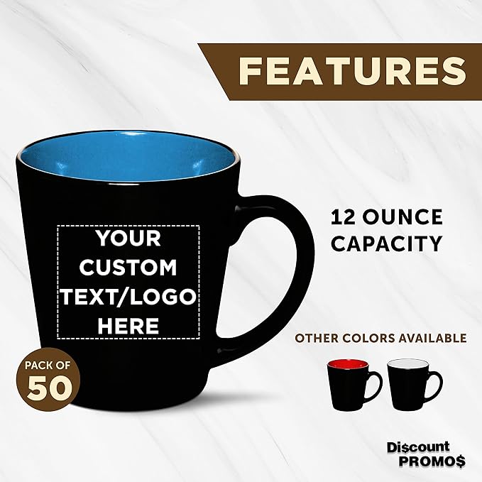 Custom Ceramic Coffee Latte Mugs 12 oz. Set of 50, Personalized Bulk Pack - Perfect for Coffee, Tea, Espresso, Hot Cocoa, Other Beverages - Blue