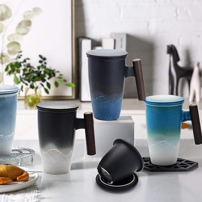 suyika Tomotime Ceramic Tea Cup with Infuser and Lid Tea Mugs Wooden Handle 400ml/13.5oz (Cyan blue)