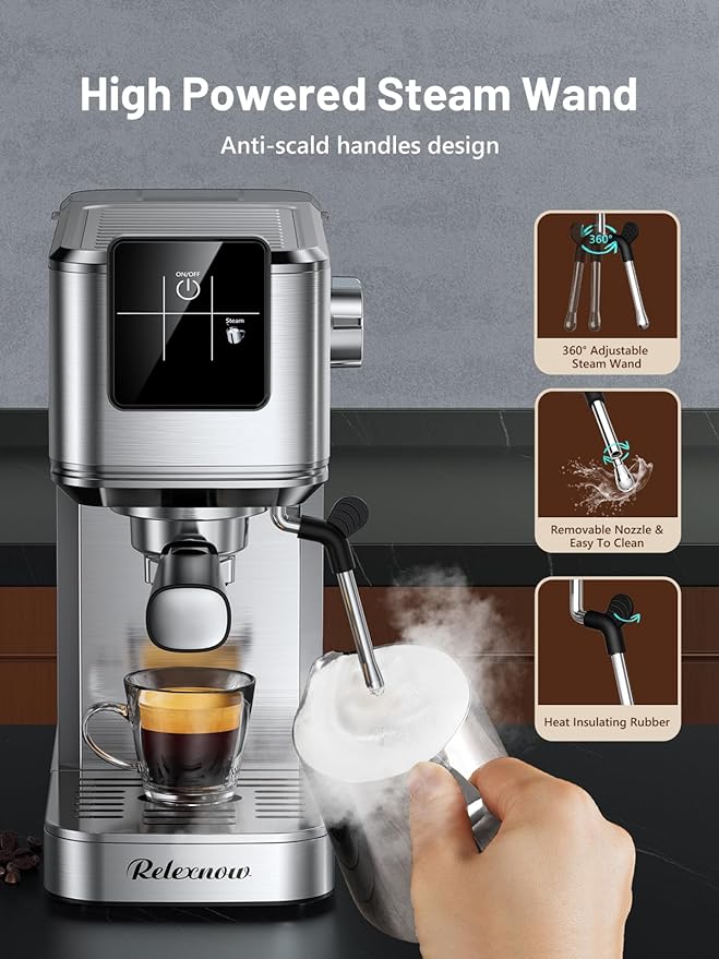 Espresso Machine, 20 Bar Espresso Maker Milk Frother & LCD Panel, Hot & Iced Coffee Machine, Stainless Steel Espresso Coffee Machine with 41oz Water Tank for Cappuccino, Latte