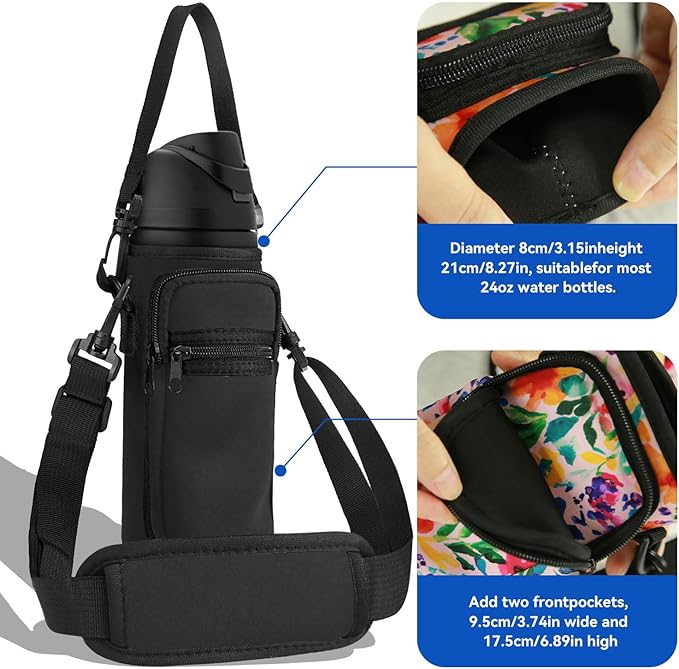 Neoprene Water Bottle Holder Bag with Cell Phone Pocket Compatible with Owala FreeSip 24 oz，Water Bottle Carrying Bag ，with Adjustable Shoulder Strap,for 24oz Stainless Steel Water Bottle