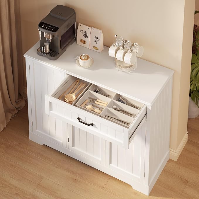 Gizoon Kitchen Coffee Bar Cabinet with Storage Kitchen Sideboard Buffet Cabinet with Drawers, Short Pantry with Door and Shelves for Bathroom and Living Room, White