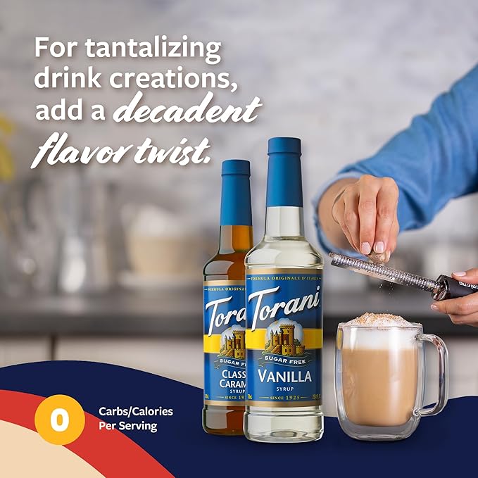 Torani Sugar Free Vanilla Syrup and Sugar Free Classic Caramel Syrup Variety 2-Pack, Coffee Syrups for Drinks, Pumps Included, 25.4 Fl Oz Ea
