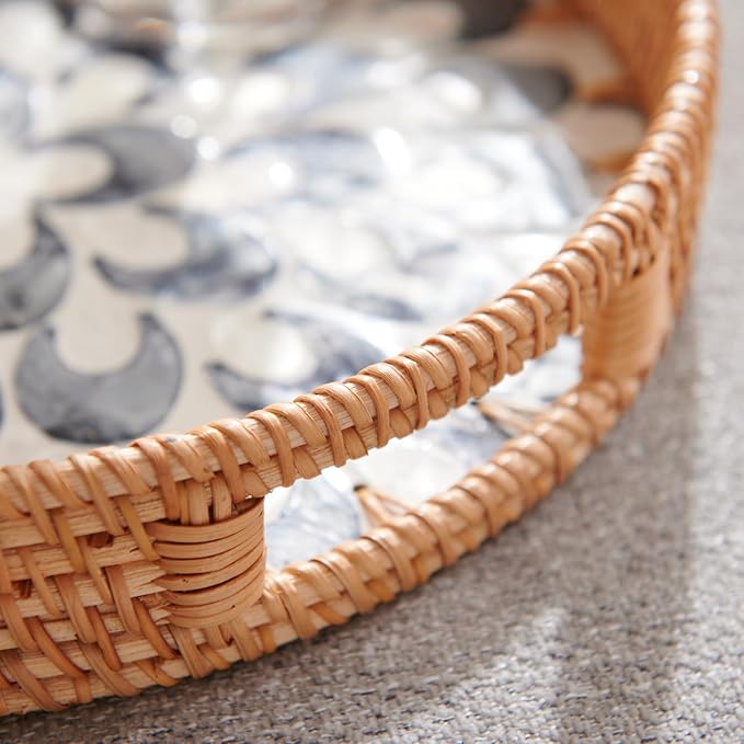 YANGQIHOME Round Serving Tray with Handle, Rattan Tray with Decorative Mother of Pearl Inlay, Round Wicker Trays for Home Decor, Coffee Table, Gifts, Dining,13.8 inch