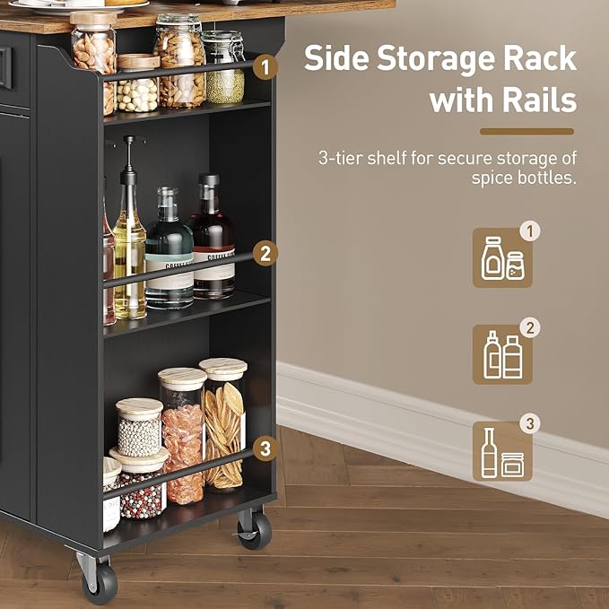 Kitchen Island with Power Outlets & Drop Leaf, Rolling Kitchen Cart on Wheels, Kitchen Storage Island with Spice Rack and Drawer for Kitchen, Dinning Room, Black and Rustic Brown