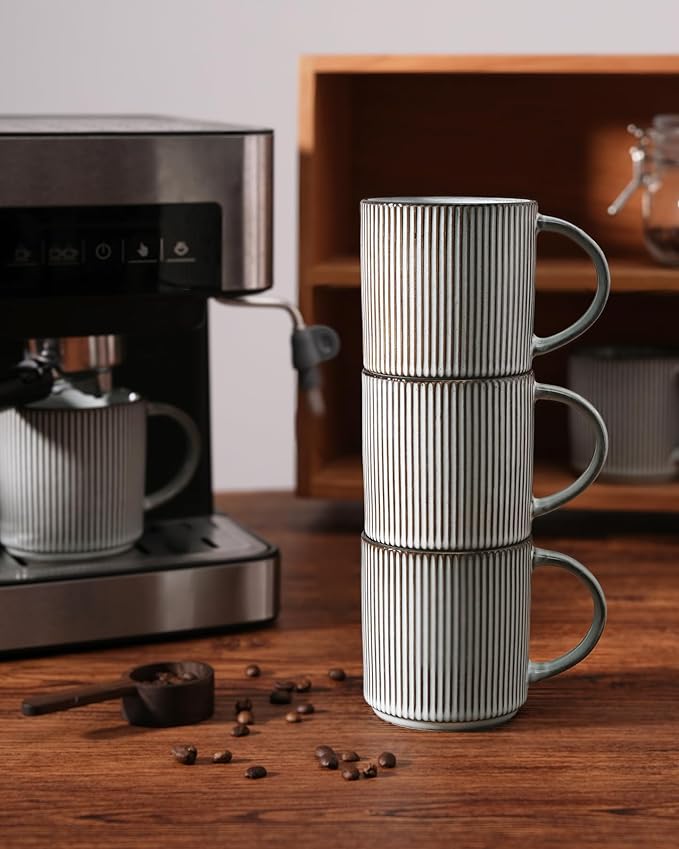 famiware Coffee Mug Set for 8, Star 12 oz Catering Mugs Cup Set with Handle for Coffee, Tea, Cocoa, Milk - Ceramic Stoneware Drinkware Set, Smoky Blue